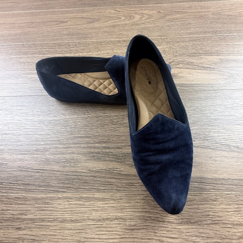 Birdies The Heron Navy Blue Suede Flats Size 8 Cushioned, Almond Toe Casual